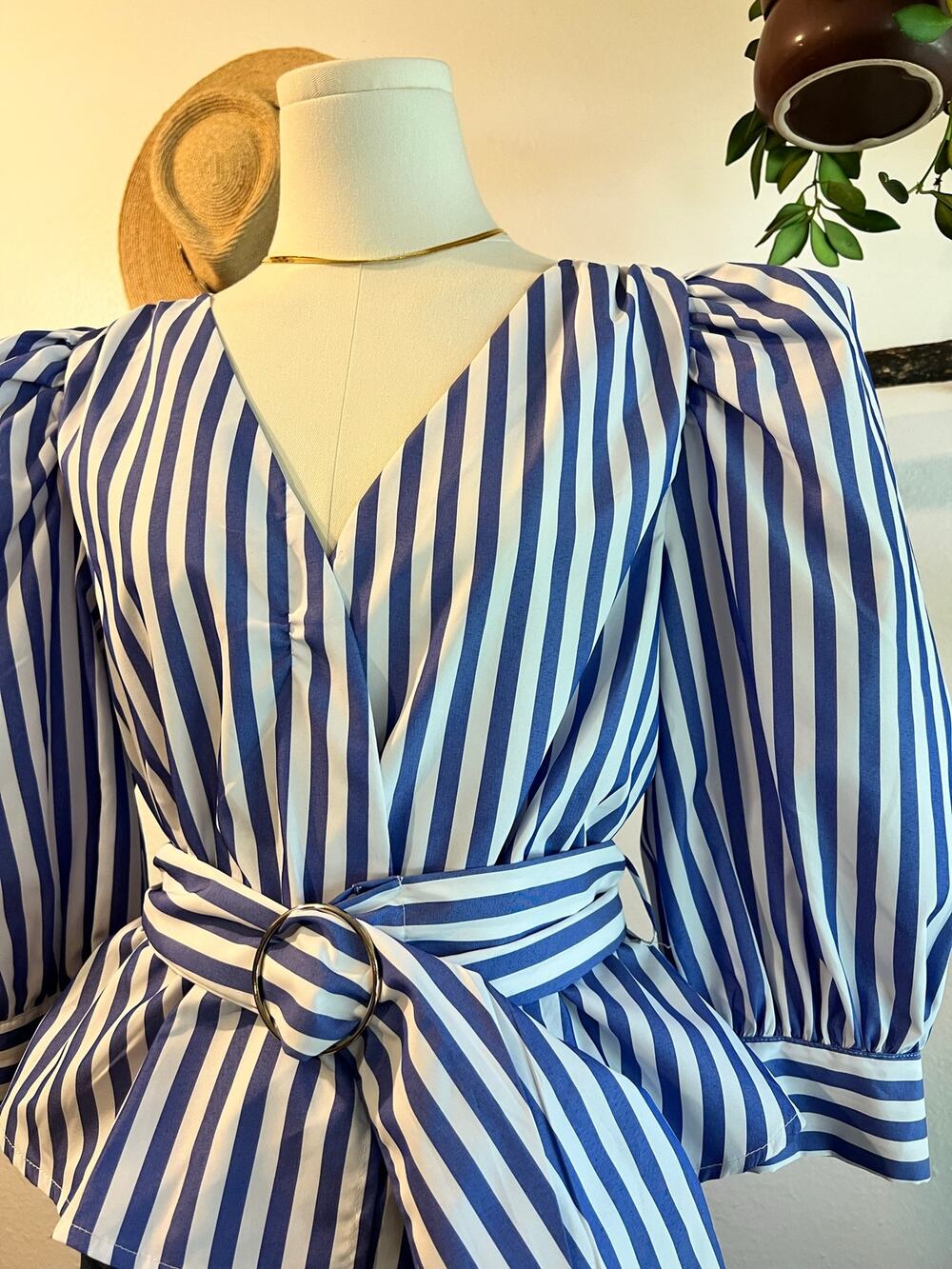 Favlux Blue White Striped Puffed Long Sleeve Peplum Belted Blouse Size Medium